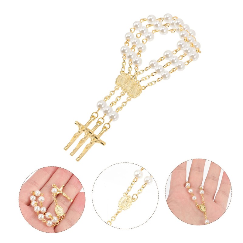 KOMBIUDA Cross Pendant Bracelet Rosary Beads Faux Pearl Baptism Present