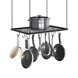CHOEZON Hanging Pot Rack, Ceiling Mounted Pot Hanger for Kitchen, Metal Cookware Storage Organizer with 12 Hooks, for Storage of Cookware, Utensils in Kitchen, 23.7" L, Black TPR03BB