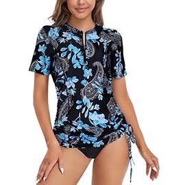 Luranee Rash Guard Women,Swimming Rash Guards Short Sleeve Swimsuits Diving 1/4 Zipper Bathing Suit Surfing Summer Swim Dress Blue Paisley Large