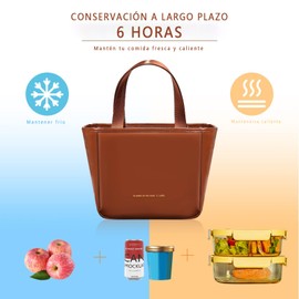 Bolsa de Almuerzo para Mujeres, Fiambrera Aislante Reutilizable de 9.5 Litros para Mujer,Lonchera Termica de Cuero pu Lmpermeable a Prueba de Fugas,con Compartimentos (Marrón)