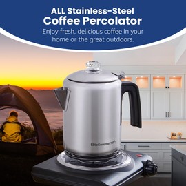 Elite Gourmet EC008 Classic Stovetop Coffee Percolator, Glass Clear Brew Progress Knob, Cool-Touch Handle, Cordless Serve, 8-Cup, Stainless Steel