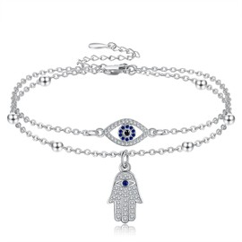 JERWLI Evil Eye Hamsa Anklet Sterling Silver Evil Eye and Hamsa Layered Anklet Bracelet Good Luck Protection Amulet Jewelry for Women