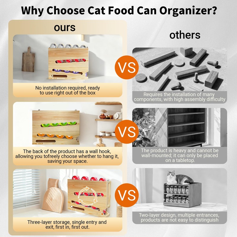 Wood Cat Food Can Organizer, 3-Tier Stackable FIFO Pantry Organizer,
