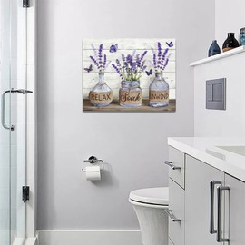 Farmhouse Bathroom Decor Wall Art Purple Lavender Bathroom Pictures for Wall Rustic Country Bathroom Canvas Prints Bathroom Sign Painting Framed Artwork Decor for Bathroom Bedroom 12"x16"