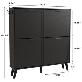 DIYART Black Large Shoe Cabinet fit up to Shoe Size 16, Freestanding Shoe Organizer with 4 Flip Drawers, Narrow Wooden Shoe Rack for Entryway, Closet, Living Room