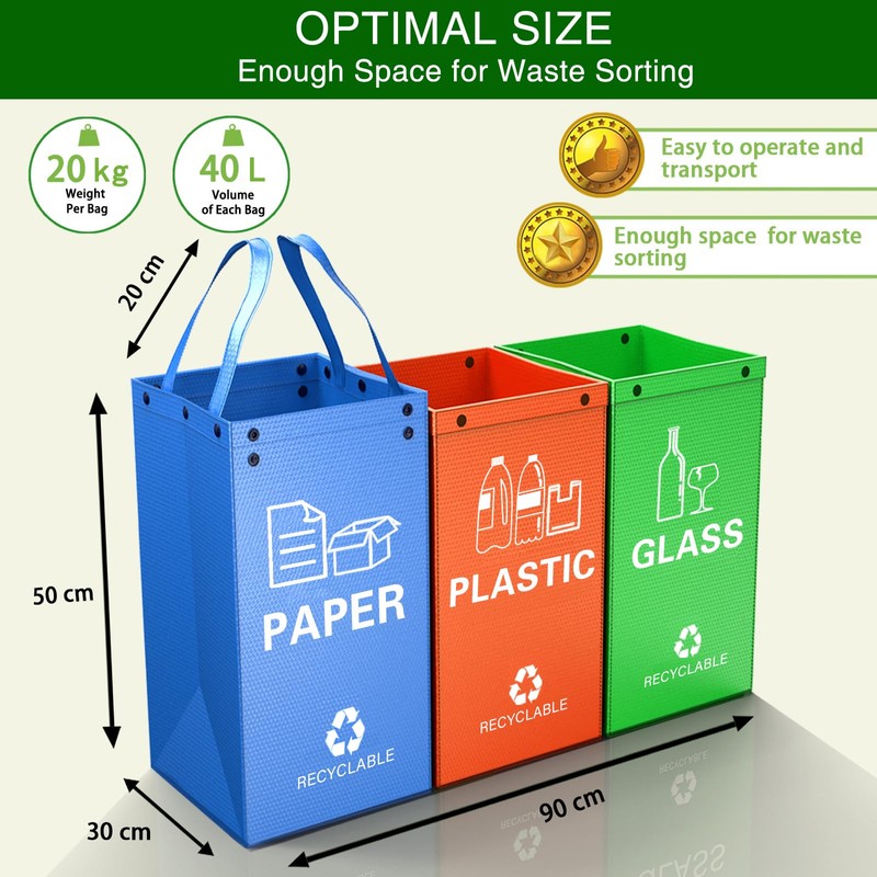 KAOHONG 3 Packs Reusable Recycling Bags with Handle Separate Sorting