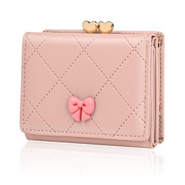 Denovin Wallet Women, Pink Small Coquette Bow Trifold Wallets Woman, Heart Shaped Kiss-lock Business Credit Card Coin Holder Purse Pocket for Cash Key Change (Pink)