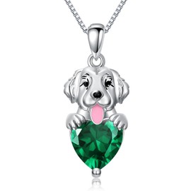 OUTANG Golden Retriever Dog Necklace with Synthetic Birthstone Dog Pendant Necklace Gift for Women (May(Emerald))