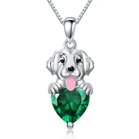 OUTANG Golden Retriever Dog Necklace with Synthetic Birthstone Dog Pendant Necklace Gift for Women (May(Emerald))