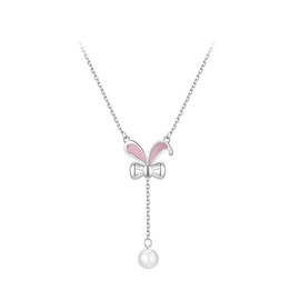 Niaspi Dainty Rabbit Ear Bowknot Pendant Necklace for Women Girls Pink Bunny Ears Drop Necklaces Tassel with 6mm Faux Pearl Cute Lovely Easter Engagement Holiday Jewelry Gifts