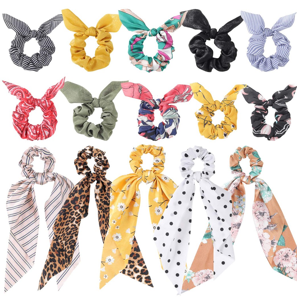15 Pcs Hair Scarf Scrunchie, Bow Scrunchies for Hair, Hair Scrunchies with Bow, Chiffon Floral Scrunchie Hair Bands Satin Scarf Ponytail Holder for Women