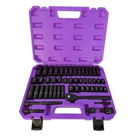 50-Piece 3/8" Drive Impact Socket Set, SAE and Metric, Deep and Shallow with Ratchet Handle, 6 Points, Cr-V, Extension Bars, Universal Joint, with Purple Storage Case
