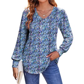 Zeagoo Cute Tops for Women Puff Long Sleeve T Shirts Spring Babydoll V Neck Blouse Tunics Blue Floral