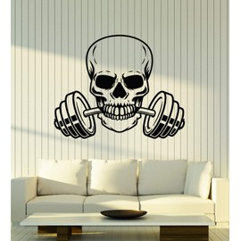 Vinyl Wall Decal Skull Barbell Iron Sports Fan Weight Gym Stickers Mural Large Decor (g2391) Black