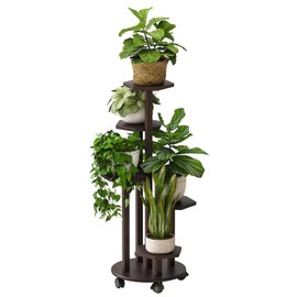 kiplant Bamboo Plant Stand with Wheels, 5 Tiered for Indoor Plants Multiple, Window Garden Balcony Living Room