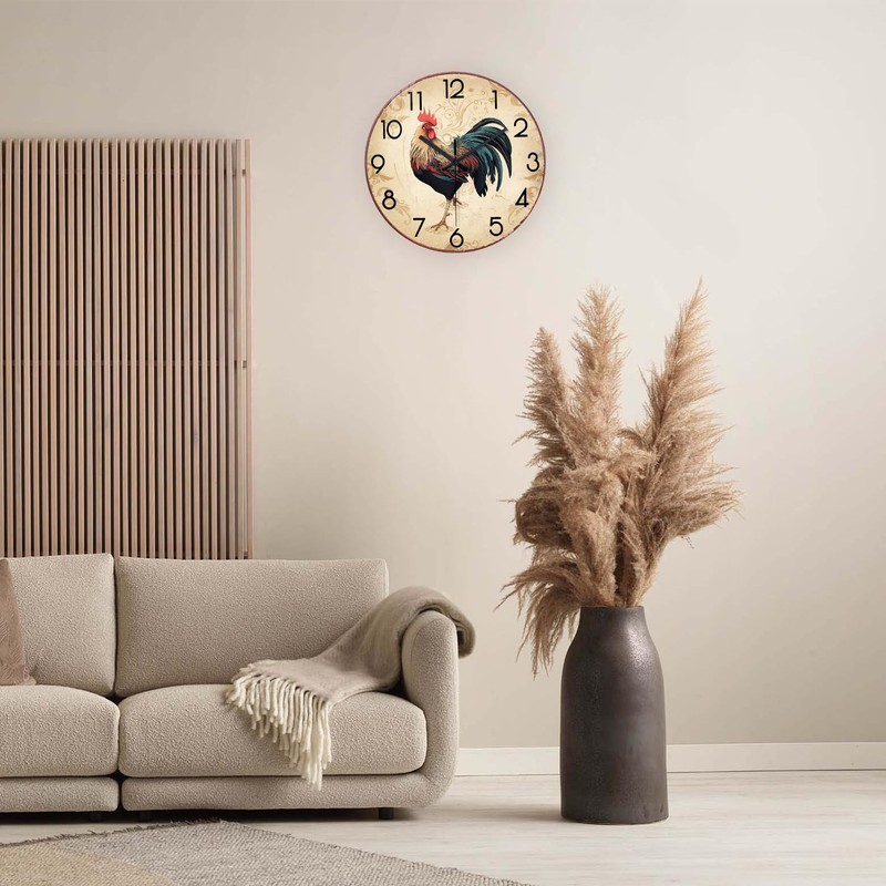 XNM Brown Rooster Wall Clocks Battery Operated 14 Inch Farmhouse