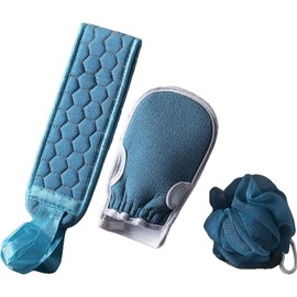 Plus Nao Akasuri 3-Piece Set, Scouring Gloves, Scrubbing Mittens, Body Wash Ball, Back Brush, Body Towel, Sponge, Both, lakeblue
