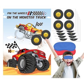 WNINK Pin The Wheels On The Monster Truck Games, Pin The Tail Game Truck Birthday Game with 32 Tyres Stickers, 2 Blindfolds for Car Theme Birthday Party Baby Showe Game Monster Truck Party Gifts