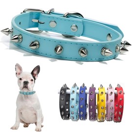 Light Blue Spiked Dog Collar For Small Dogs PU Leather Rivet Spike Puppy Collar Studded Kitten Cat Collars Adjustable Buckle For XS Extra Small Medium Breed Pets Like Chihuahua French Bulldog, S