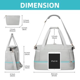 Gym Bag for Women, Weekender Overnight Bag with USB Charging Port, Sports Travel Duffel Bag with Wet Pocket and Shoes Compartment for Women Travel, Gym, Yoga (Grey)