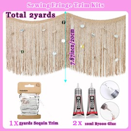 Yhsheen - Franja brillante de color café claro con lentejuelas brillantes, ribete de flecos de 2 x 7.8 pulgadas de largo por el patio con pegamento B7000, borlas para manualidades para coser ropa