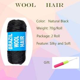 4 Roll Natural Black Brazilian Wool Hair Acrylic Yarn for African Crochet Braids/Faux Locs/Senegalese Twist/Jumbo Braiding/Box Braids/Twist Wraps Synthetic Fiber Hair Extensions (2 Roll)