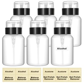 Layhit 6 Pack 6.8 oz Push Down Pump Dispenser Nail Polish Remover Pump Bottles Alcohol Dispenser Push Down Empty Dispenser Lockable Pump Dispenser Bottle with Stickers (Black Top Cap)