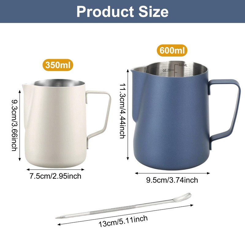 BSDLZCH 2 Pack Milk Frothing Pitcher 600ml & 350ml, Blue/Beige