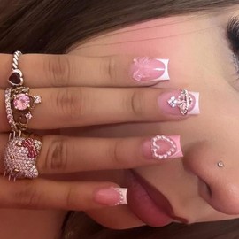 Short Ballerina Shaped Fake Nail, 24pcs/set Colorblock Fake Nail with Nail File & Tape, Removable Nail Art Artificial Full Cover, Girls DIY Manicure, Valentine's Day Gift