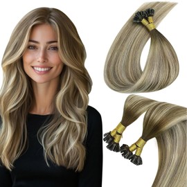 Sunny Hair U Tip Hair Extensions 22in U Tip Hair Extensions Human Hair Dark Brown Balayage Light Brown with Light Blonde U Tip Extensions Natural K Tips Hair Extensions Human Hair Blendable 50G 50s