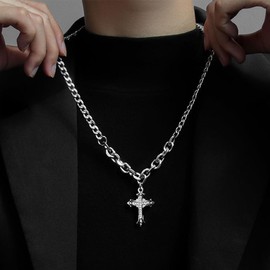 KONFEN Men's Cross Necklace, Cross Pendant Necklace with Chain, Rhinestone Christianity Jewellery for Man/Women, Gift for Birthday/Christmas/Easter/Thanksgiving Day, Silver, Titanium Steel + Alloy
