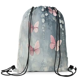 Erosebridal Oil Painting Draw String Back Bag,Rustic Aesthetics String Backpack,Butterfly Eucalyptus Drawstring Backpack 13X15.7,Wild Animal Plants Cinch Bag Waterproof