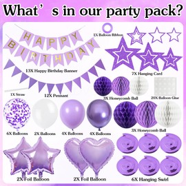 Aurmonigo Purple Birthday Decorations Set - 64Pcs Happy Birthday Banner Bunting Honeycomb Balls Hanging Double Spirals, Heart Foil Balloons Star Decoration for Girls and Women Birthday Party