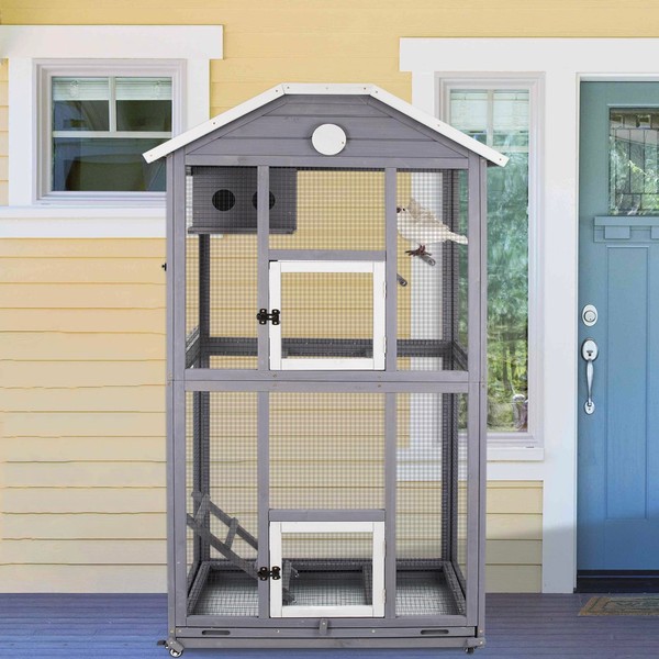 Gowoodhut Outdoor Bird Cage Large, Wooden Flight Aviary with Perches,