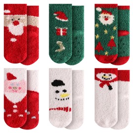 October Elf Christmas Fuzzy Socks for Kids Plush Cartoon Non Slip Fluffy Cozy Slipper Winter Warm Fleece Socks Pack of 6