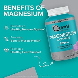 Qunol Magnesium Gummies for Adults, 200mg Citrate Gummies, High Absorption Supplement, Supports Nerve Health, Bone Muscle Vegetarian, 90 Count