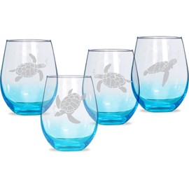Turtle Stemless Wine Glasses Set of 4 - Christmas Day Gifts Beach Sea Turtle Assortment Red Wine Glasses, Clear No Stem Drinking Glasses 19 oz Ocean Lovers Gift Box for Turtle Lovers Birthday Party