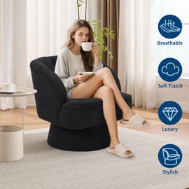 GarveeHome Modern Swivel Barrel Accent Chair, 360° Teddy Fabric Upholstered Armchair with Striped Backrest & Plush Padding, Comfy Round Lounge Chair for Living Room, Bedroom, Reading Nook, Black