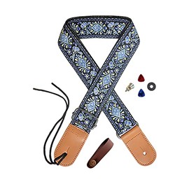 Farcaya Ukulele Strap Jacquard Flower Cotton for Soprano Concert Tenor Baritone Banjo Mandolin Leather Ends Uke Strap, Musical Instrument Accessories Picks Neck Strap Lock Button (Blue Flower)