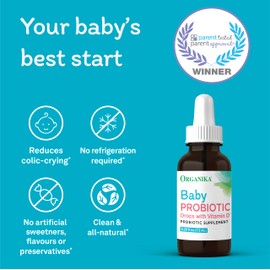 Organika Baby Probiotic Drops with Vitamin D- Soothe Colic, Reduce Fussing, Aid in Growth and Development- 7.5 ml
