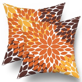 Orange Yellow Borwn Pillow Covers 16X16 Inch Dahlia Floral Geometric Decorative Pillow Cases Set of 2 Fall Flower Geometry Thanksgiving Autumn Throw Pillows Home Decor For Sofa Bedroom Living Room