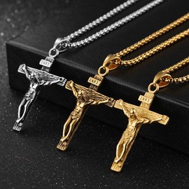 OLEVS [Mother's Day] OLEVS Cross Necklace For Women & Men Jesus Pendant Choker Jewelry Necklace Stainless Steel Color/Gold/Stripe Black For Daily Party Gift - Color: Silver
