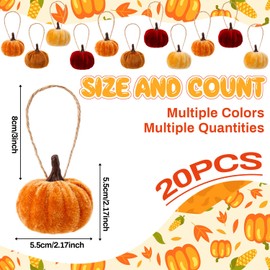 Halloscume 20 Pcs Fall Thanksgiving Pumpkin Hanging Ornament 2 Inches Velvet Pumpkins Tree Decorations Fabric Wrapped Tree Fall Decor for Autumn(Red, Dark Yellow, Light Yellow, Brown,Classic Style)