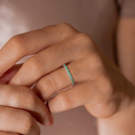 AGRULE Emerald Eternity Band Silver Wedding Rings Men Women Sterling Silver Created May Birthstone Rings 0.3 Carat Green Stone Stackable Cocktail Ring Size 9