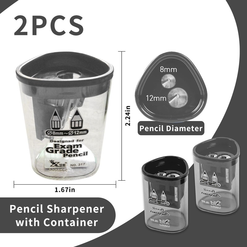 2 PCs Pencil Sharpener with Container,Dual Holes (8mm, 12mm) Pencil