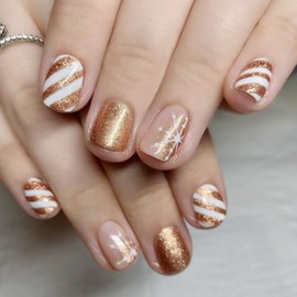 Christmas Press on Nails Gold Glitter Fake Nails Short Square Acrylic Nails Set Gold Stripes False Nails with Snowflake Designs Full Cover Stick on Nails Reusable Artificial Nails for Women 24Pcs