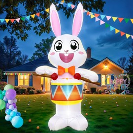 OurWarm 8FT Easter Inflatables Outdoor Decorations, Drumming Inflatable Easter Bunny Decor with Built-in LED Lights, Easter Bunny Blow up Inflatable for Outside Garden Lawn Holiday Party Yard Decor