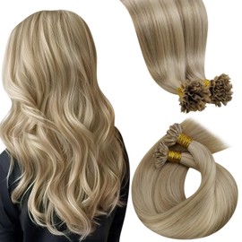 LaaVoo K Tip Hair Extensions Human Hair Blonde Ktip Human Hair Extensions Soft Straight U Tips Hair Extensions 16Inch Keratin Hair Golden Blonde Highlights Light Blonde 50g 50s