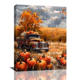 Fall Decor Wall Art Farmhouse Autumn Pumpkins Pictures Wall Decor Country Autumn Leaves Red Truck Canvas Painting Print Modern Home Decorations Artwork for Bathroom Bedroom Living Room Kitchen 12"x16"