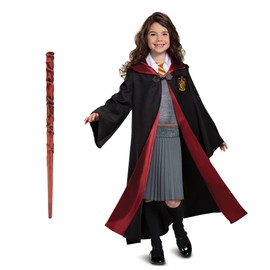 Hermione - Conjunto de disfraz oficial de Wizarding World Deluxe con capucha y varita para niños, talla L (10-12)